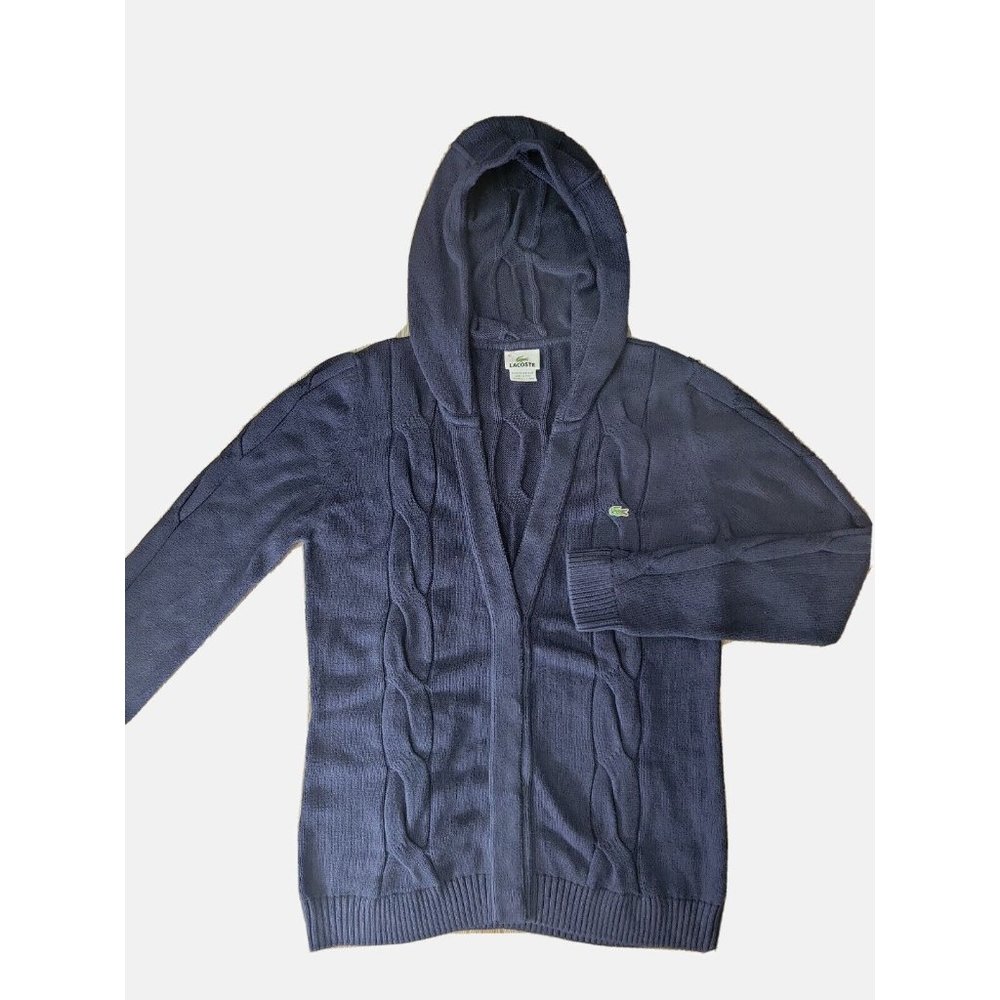 Lacoste 42 Large Women's Hooded Cardigan Sweater Cable-knit Blue Cotton Knit
